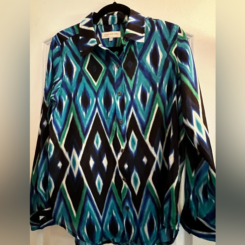 Black/turquoise/green/ivory blouse. Jone’s of NY.  Worn once